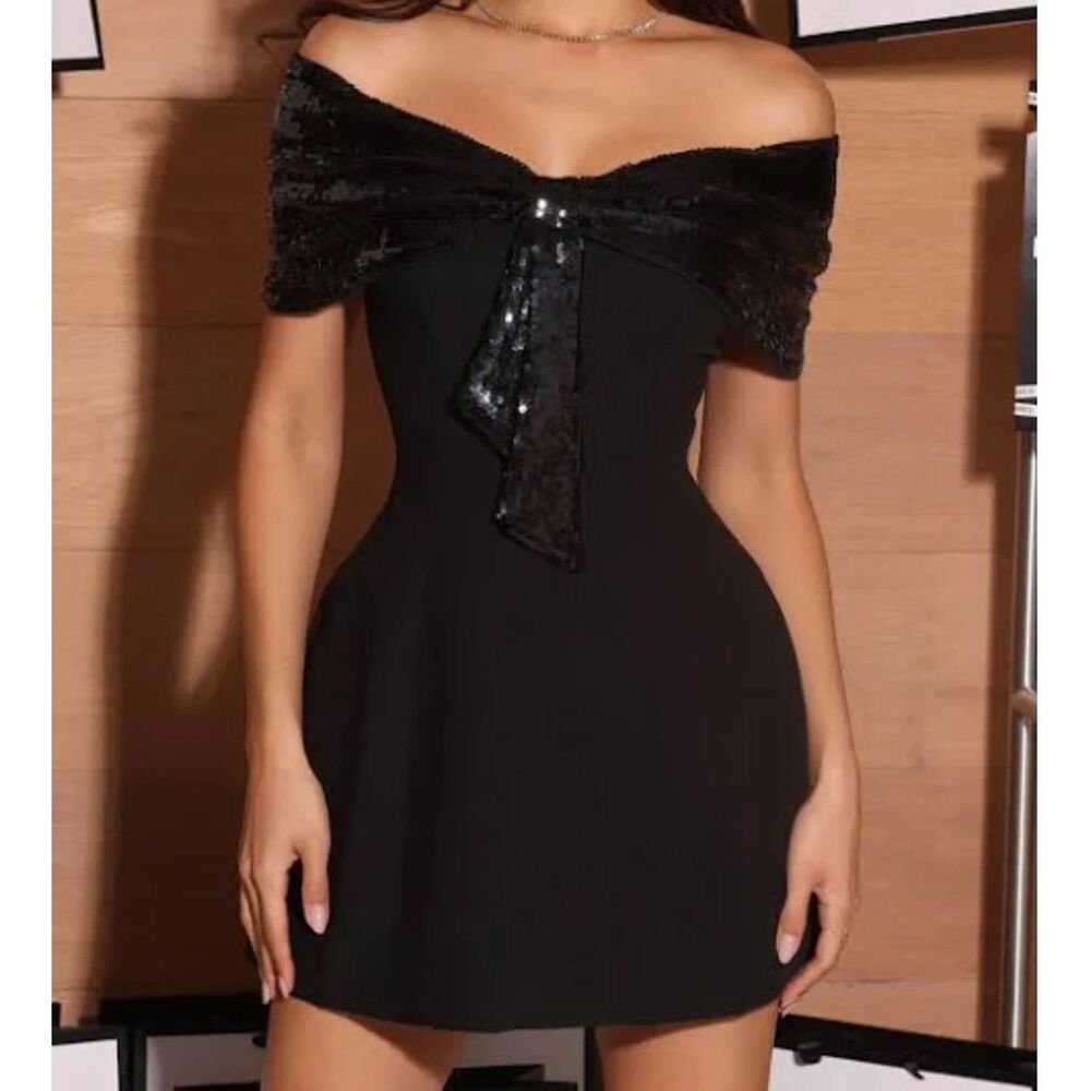 Heiress Sequin Bow Off Shoulder Mini Dress XXS - Black